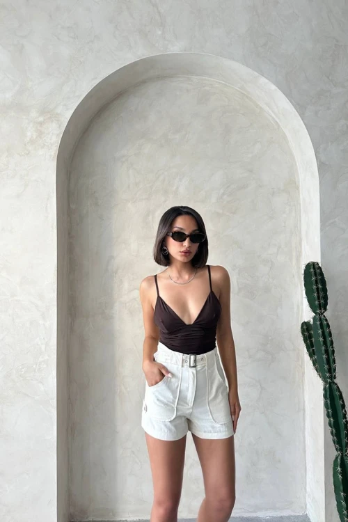 Krem Kendinden Kemerli Cepli Gabardin Yazlık Şort BCHN-2525289