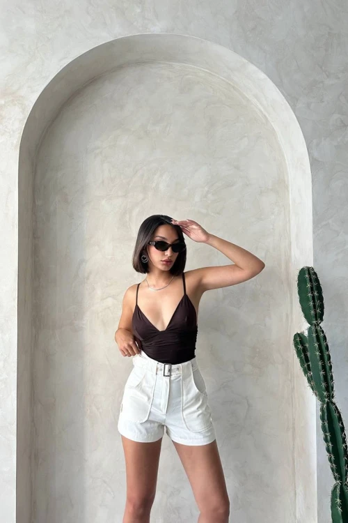 Krem Kendinden Kemerli Cepli Gabardin Yazlık Şort BCHN-2525289