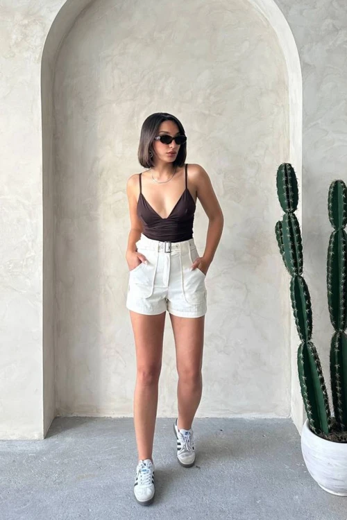 Krem Kendinden Kemerli Cepli Gabardin Yazlık Şort BCHN-2525289