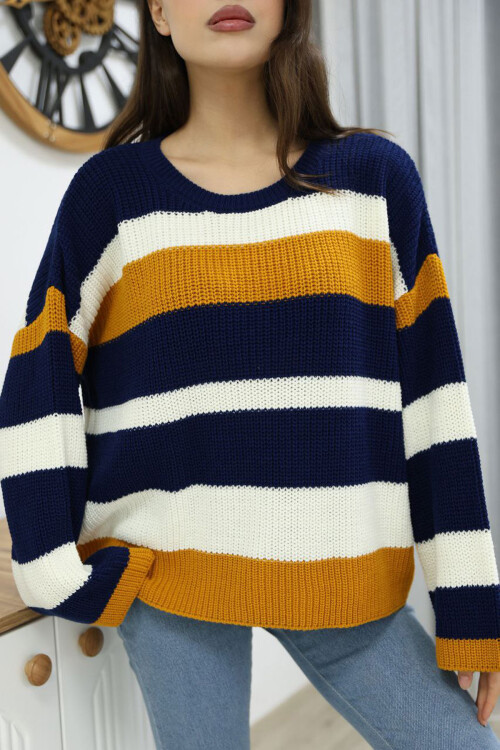 Lacivert Bisiklet Yaka Çizgi Desenli Triko Kazak BCES-252006