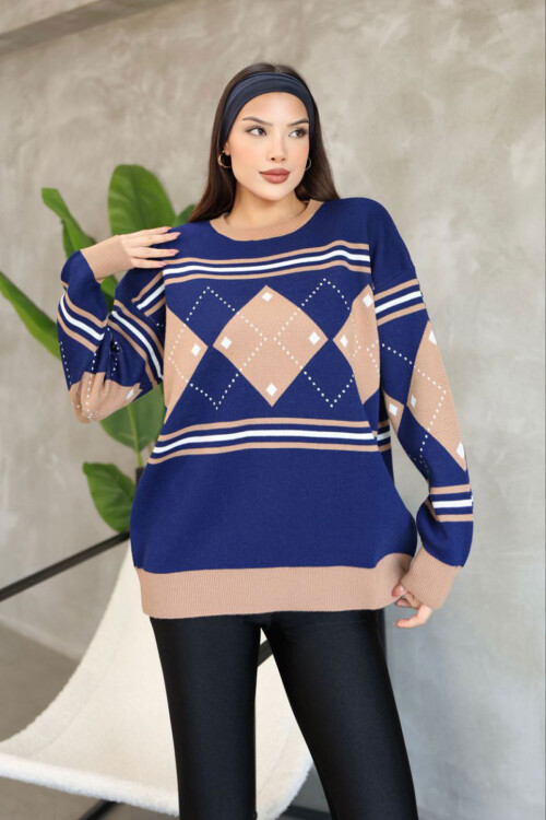 Lacivert Bisiklet Yaka Desenli Triko Kazak BCES-252015