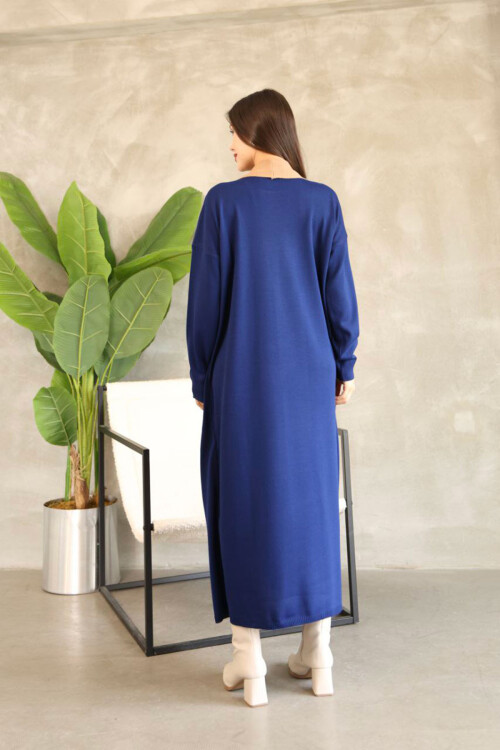 Lacivert Bisiklet Yaka Triko Elbise BCES-252024