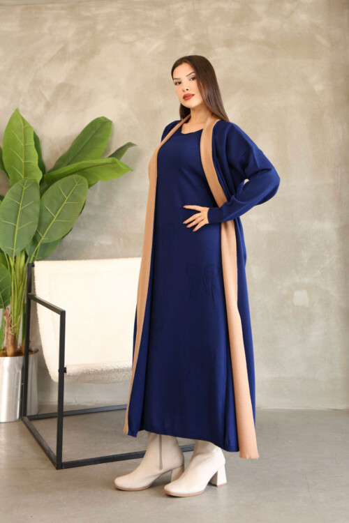 Lacivert Bisiklet Yaka Triko Elbise BCES-252024