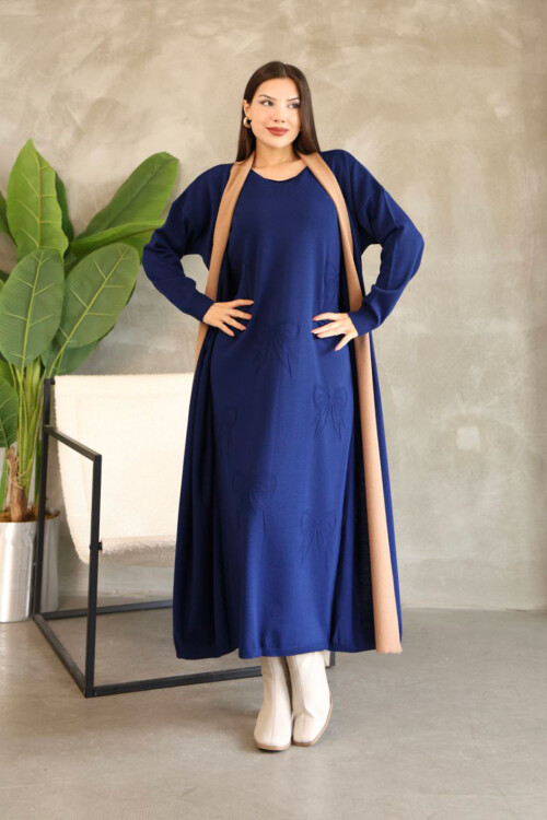 Lacivert Bisiklet Yaka Triko Elbise BCES-252024