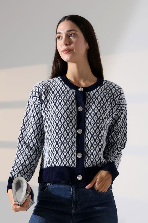 Lacivert Kare Çizgi Desenli Düğmeli Triko Hırka BCES-252004