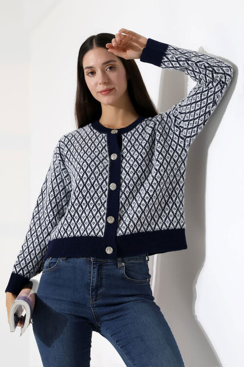 Lacivert Kare Çizgi Desenli Düğmeli Triko Hırka BCES-252004