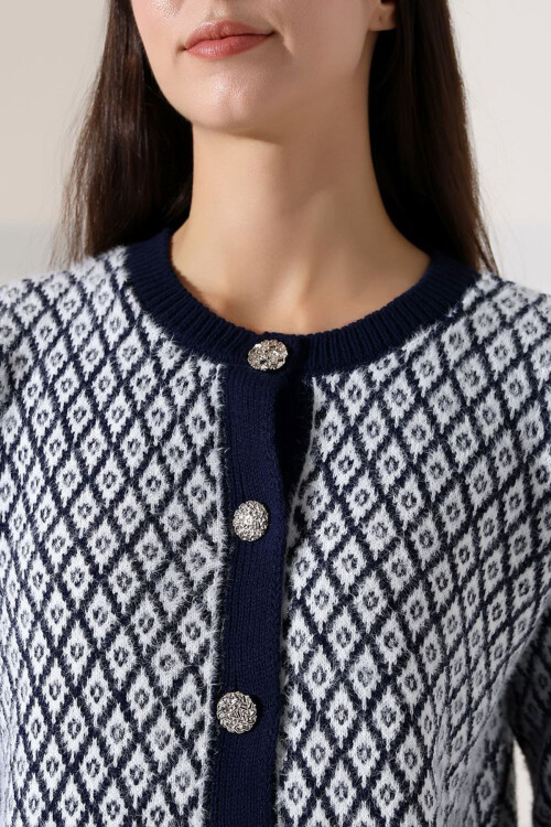 Lacivert Kare Çizgi Desenli Düğmeli Triko Hırka BCES-252004