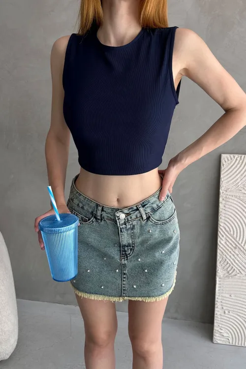 Lacivert Sırtı Kemer Detaylı Kaşkorse Crop Bluz