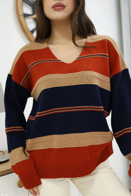 Lacivert V Yaka Çizgi Bloklu Triko Kazak BCES-252018