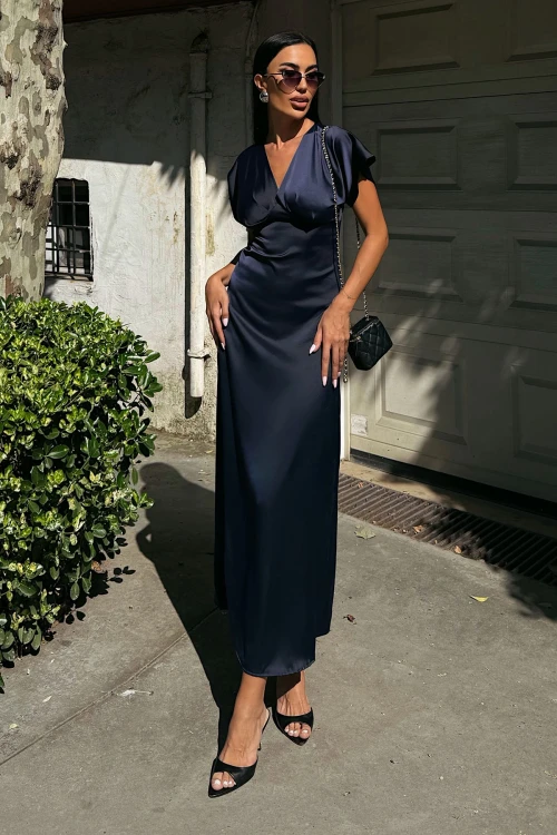 Lacivert V Yaka Göğüs Drapeli Saten Elbise