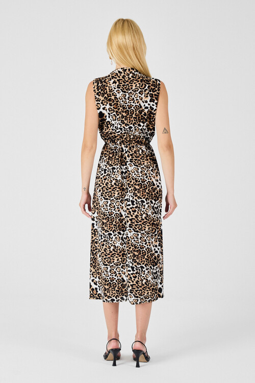 Leopar Çentik Yaka Düğmeli Desenli Kolsuz Midi Elbise BCVL-254025