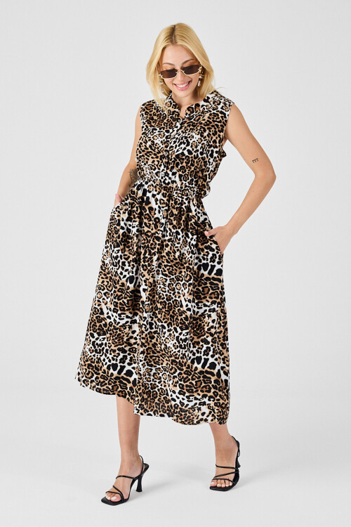 Leopar Çentik Yaka Düğmeli Desenli Kolsuz Midi Elbise BCVL-254025
