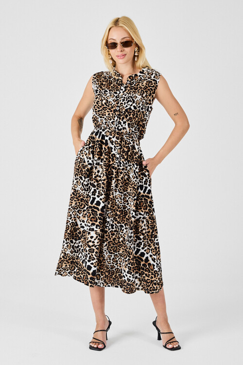 Leopar Çentik Yaka Düğmeli Desenli Kolsuz Midi Elbise BCVL-254025