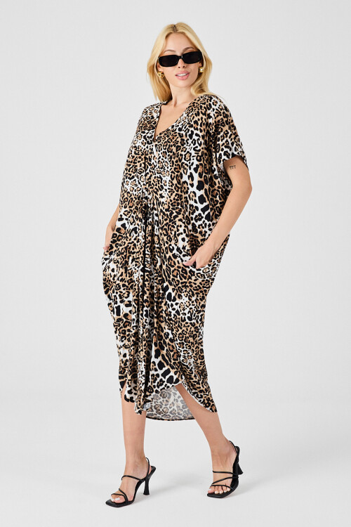 Leopar Desenli V Yaka Salaş Kesim Kaftan Elbise BCVL-254024