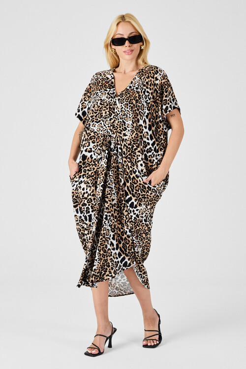 Leopar Desenli V Yaka Salaş Kesim Kaftan Elbise BCVL-254024