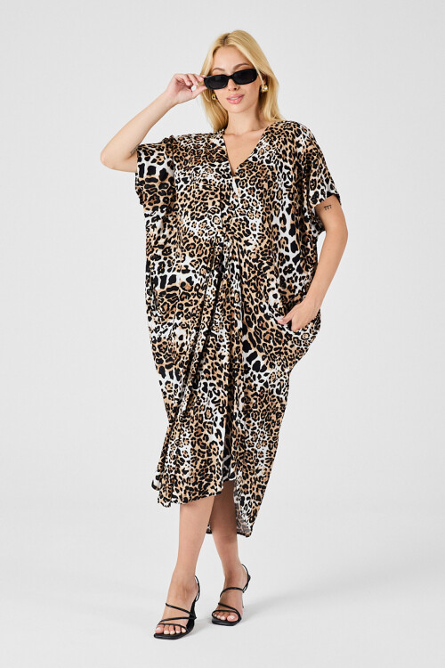 Leopar Desenli V Yaka Salaş Kesim Kaftan Elbise BCVL-254024