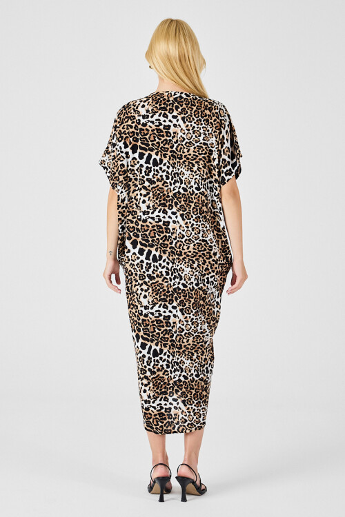 Leopar Desenli V Yaka Salaş Kesim Kaftan Elbise BCVL-254024