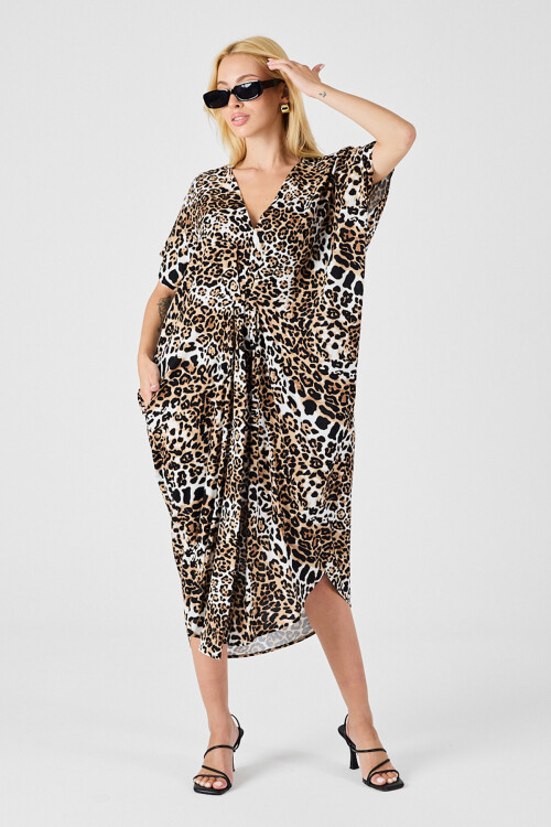 Leopar Desenli V Yaka Salaş Kesim Kaftan Elbise BCVL-254024