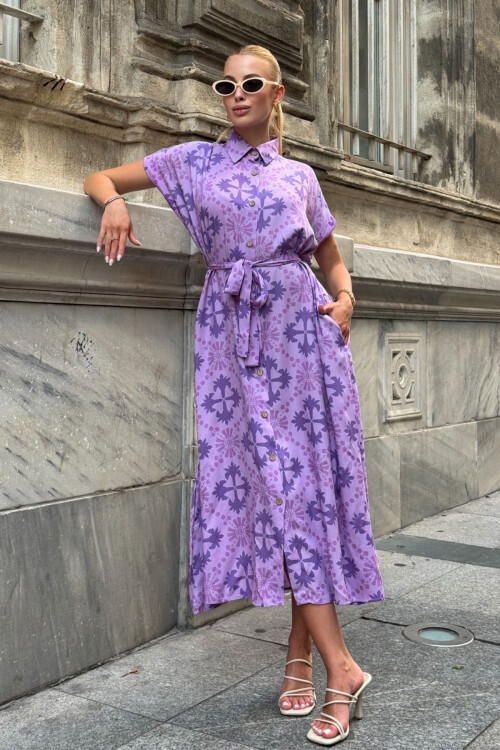 Lila Kendinden Kemerli Desenli Dokuma Yazlık Gömlek Elbise BCVL-25V083