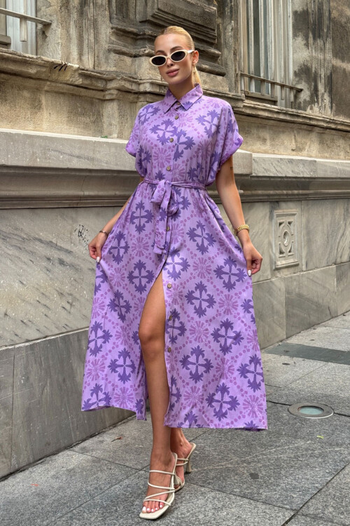 Lila Kendinden Kemerli Desenli Dokuma Yazlık Gömlek Elbise BCVL-25V083