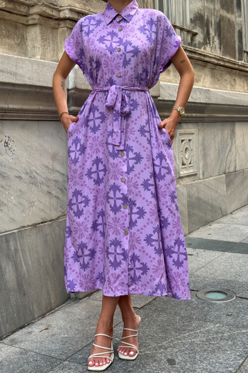 Lila Kendinden Kemerli Desenli Dokuma Yazlık Gömlek Elbise BCVL-25V083