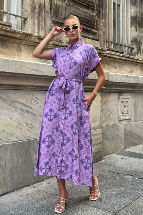 Lila Kendinden Kemerli Desenli Dokuma Yazlık Gömlek Elbise BCVL-25V083