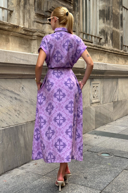 Lila Kendinden Kemerli Desenli Dokuma Yazlık Gömlek Elbise BCVL-25V083