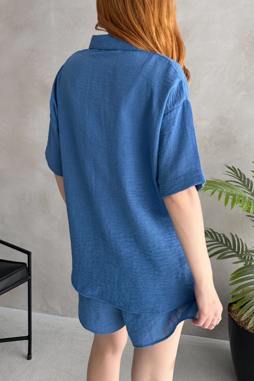 Mavi Aerobin Keten Kısa Kol Gömlek Ve Şort Alt Üst Takım BCDF-253608