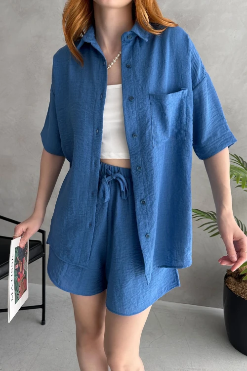 Mavi Aerobin Keten Kısa Kol Gömlek Ve Şort Alt Üst Takım BCDF-253608