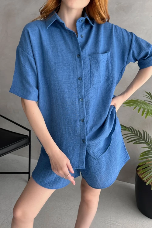 Mavi Aerobin Keten Kısa Kol Gömlek Ve Şort Alt Üst Takım BCDF-253608