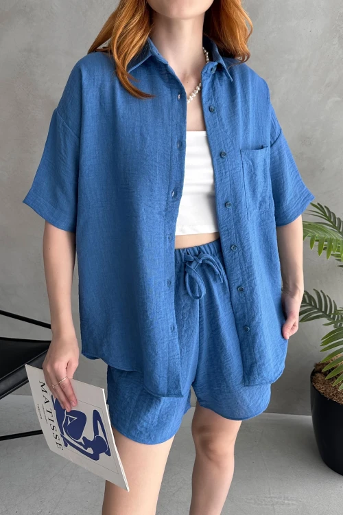 Mavi Aerobin Keten Kısa Kol Gömlek Ve Şort Alt Üst Takım BCDF-253608