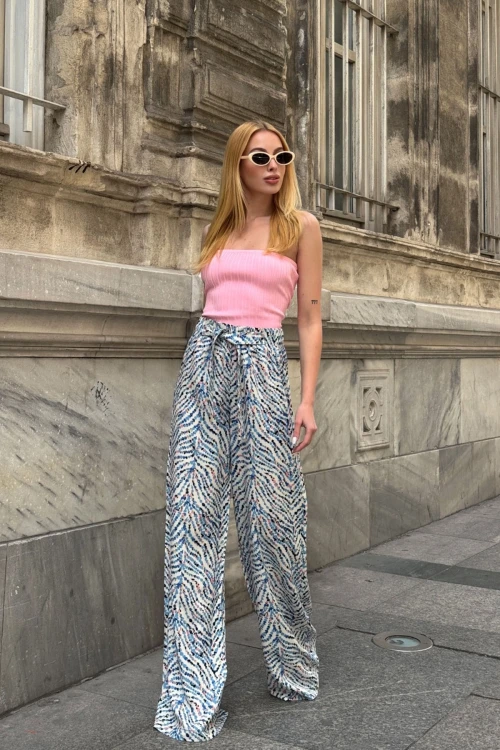 Mavi Beli Bağlamalı Bol Kesim Palazzo Yazlık Pantolon