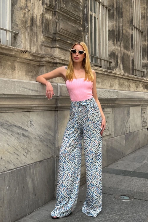 Mavi Beli Bağlamalı Bol Kesim Palazzo Yazlık Pantolon