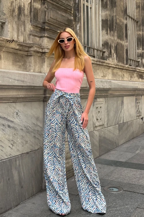 Mavi Beli Bağlamalı Bol Kesim Palazzo Yazlık Pantolon