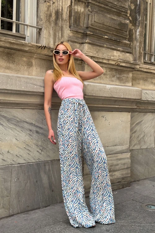 Mavi Beli Bağlamalı Bol Kesim Palazzo Yazlık Pantolon