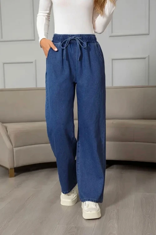 Mavi Beli Lastikli Bol Paça Cepli Yıkamalı Kot Pantolon BCBSK-25700-KT-0088