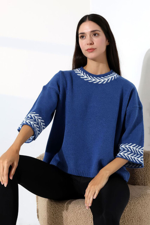 Mavi Bisiklet Yaka Desenli Triko Kazak BCES-252038