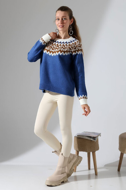 Mavi Bisiklet Yaka Kar Desenli Triko Kazak BCES-252028