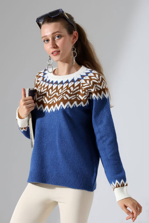 Mavi Bisiklet Yaka Kar Desenli Triko Kazak BCES-252028