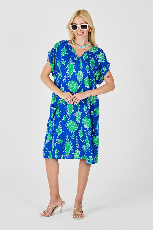 Mavi Deniz Kabuğu Desenli V Yaka Oversize Elbise BCVL-254022