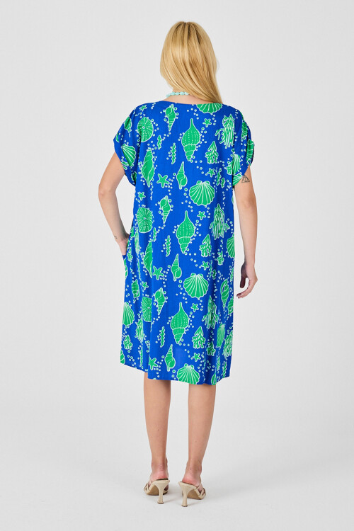 Mavi Deniz Kabuğu Desenli V Yaka Oversize Elbise BCVL-254022