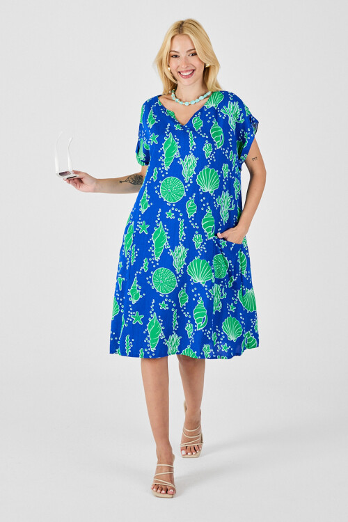 Mavi Deniz Kabuğu Desenli V Yaka Oversize Elbise BCVL-254022