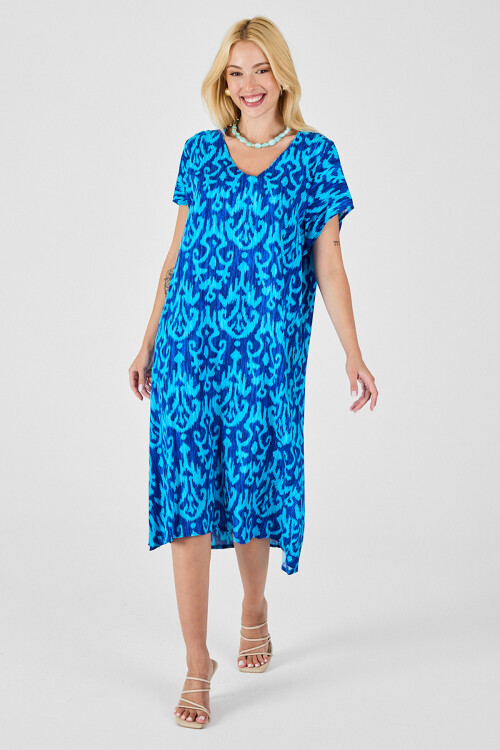 Mavi Desenli V Yaka Midi Boy Elbise BCVL-254014