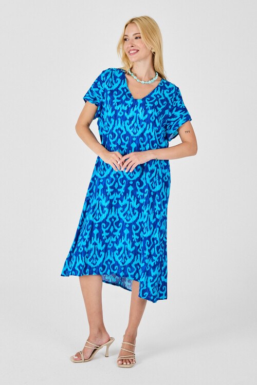 Mavi Desenli V Yaka Midi Boy Elbise BCVL-254014