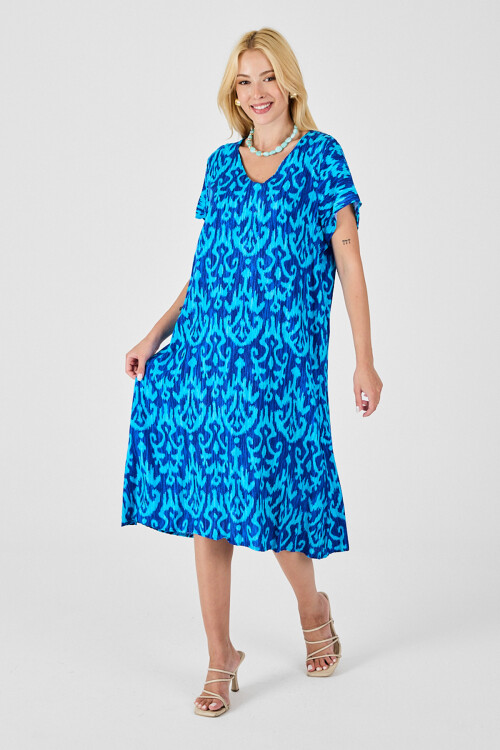 Mavi Desenli V Yaka Midi Boy Elbise BCVL-254014