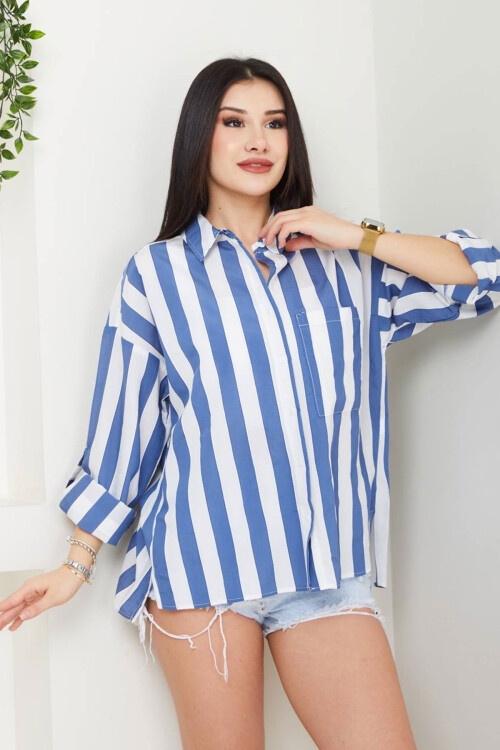 Mavi Geniş Çizgili Pamuk Dokuma Gömlek BCAYN-254008