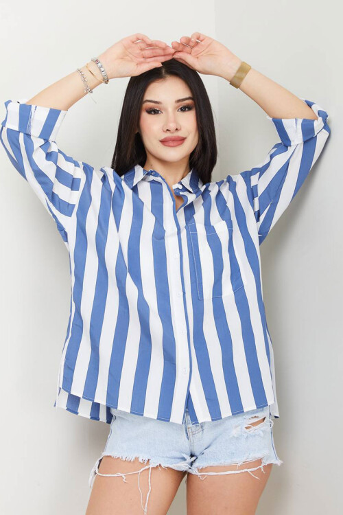 Mavi Geniş Çizgili Pamuk Dokuma Gömlek BCAYN-254008