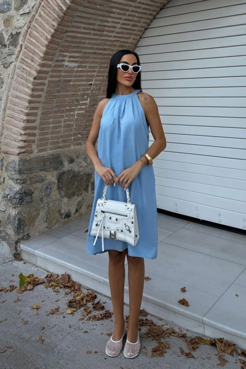 Mavi Gizli Cepli Yazlık Keten Dokuma Elbise BCDF-25255029