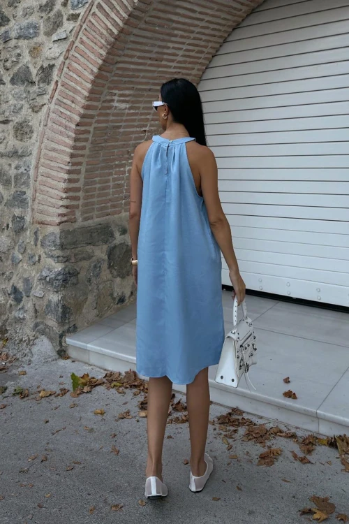 Mavi Gizli Cepli Yazlık Keten Dokuma Elbise BCDF-25255029