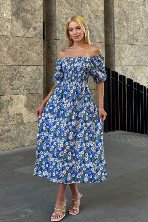 Mavi Kare Yaka Beli Gipeli Çiçek Desenli Dokuma Yazlık Elbise BCVL-25V095